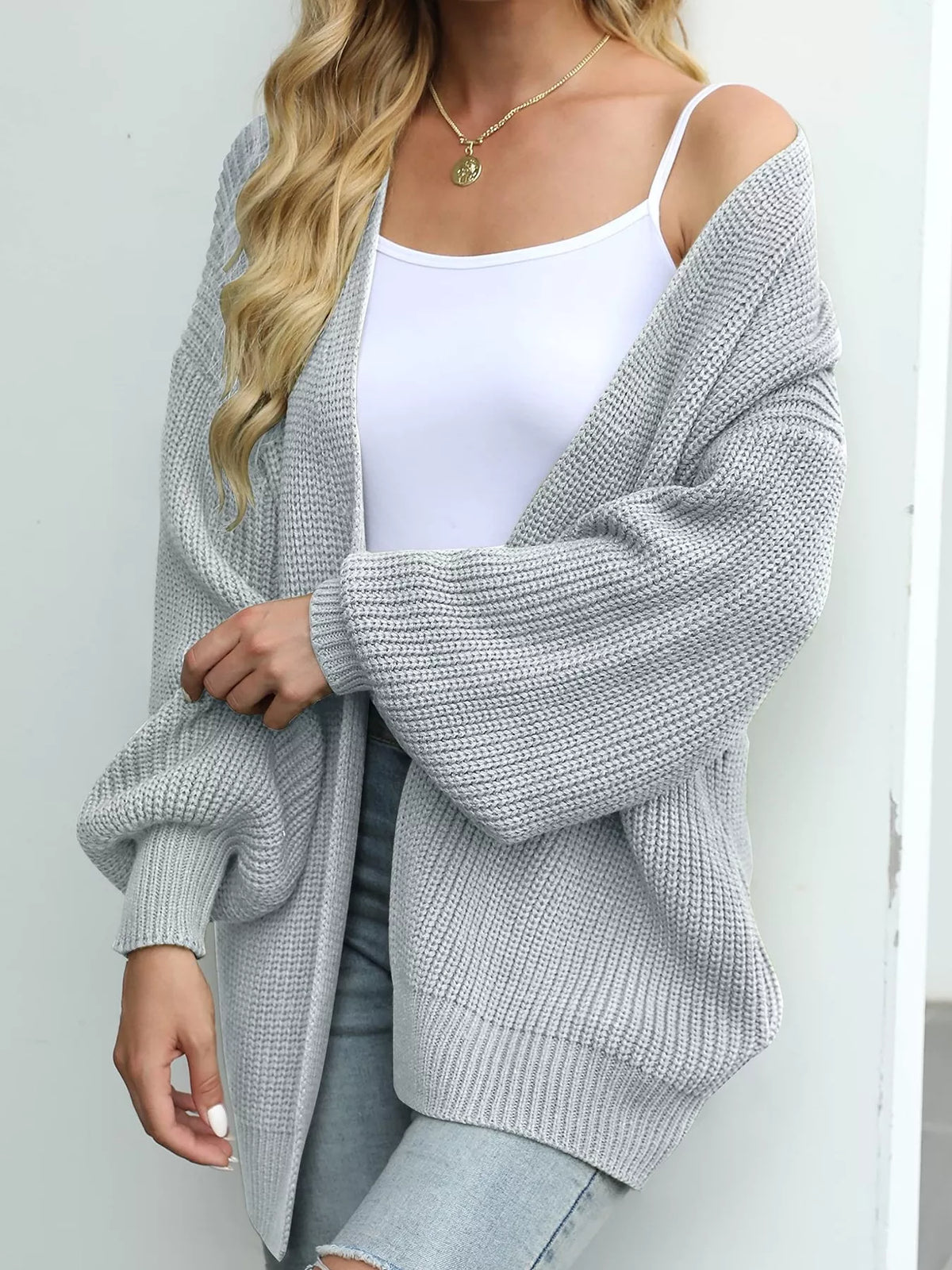 Chunky Knit Open Front Cardigan with Lantern Sleeves - Light Gray - View 16