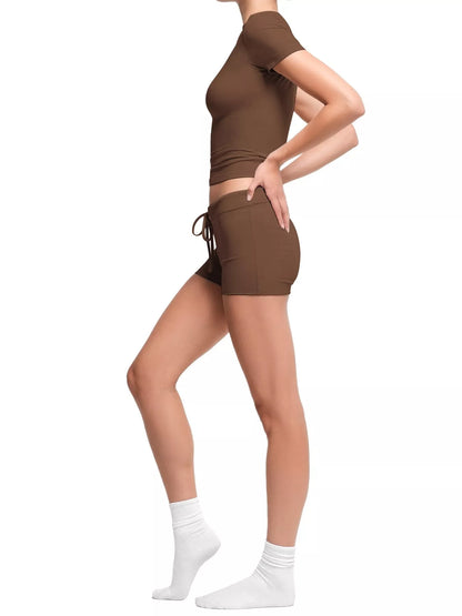 Mock Neck Crop Top and Drawstring Shorts Set - Brown - View 4