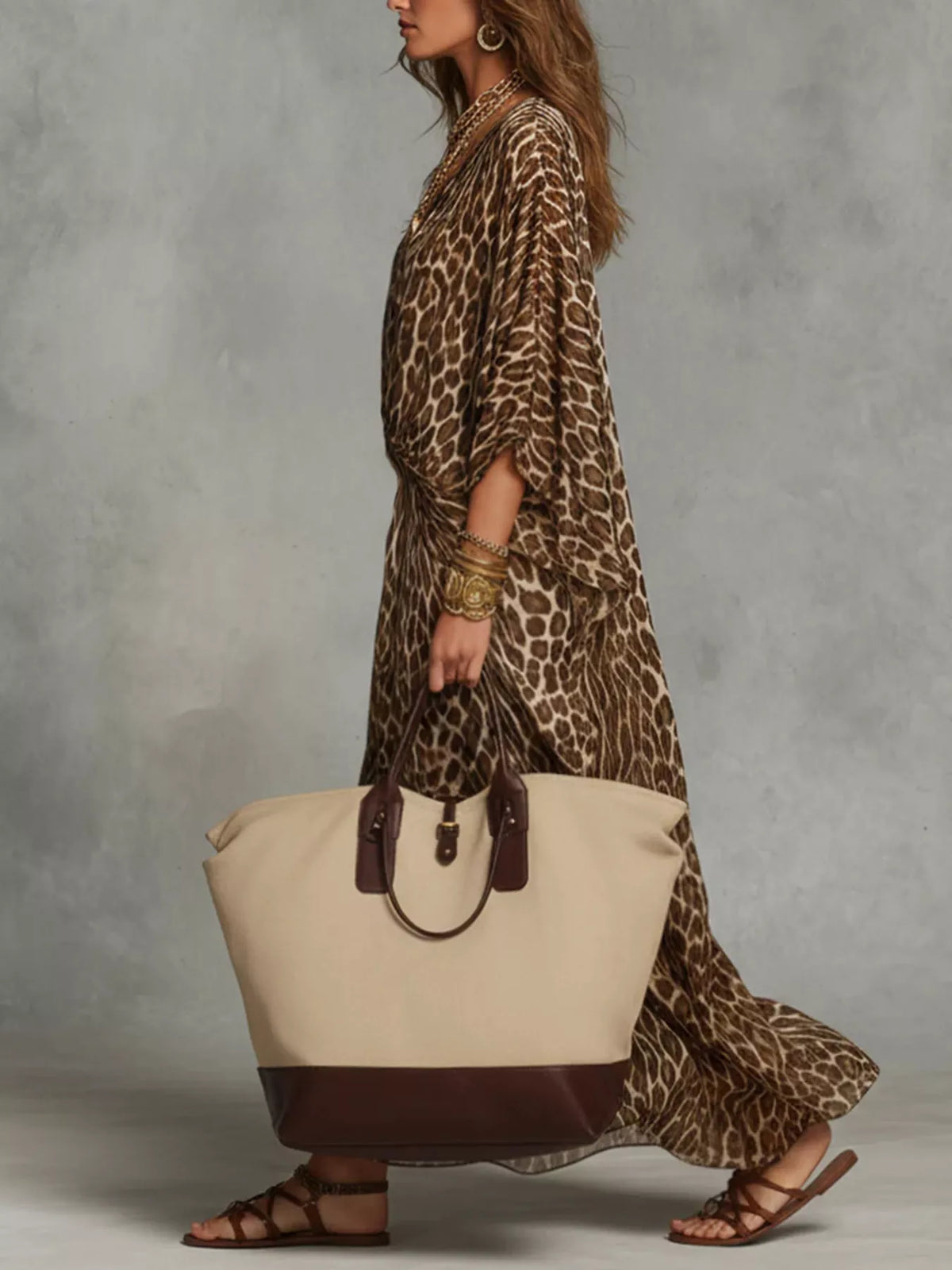 Leopard Print V-Neck Maxi Dress - Leopard - View 3