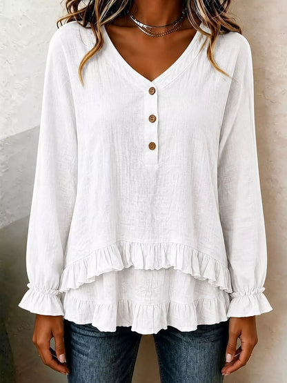 V-Neck Long Sleeve Button Detail Ruffled Hem Blouse - White - View 1