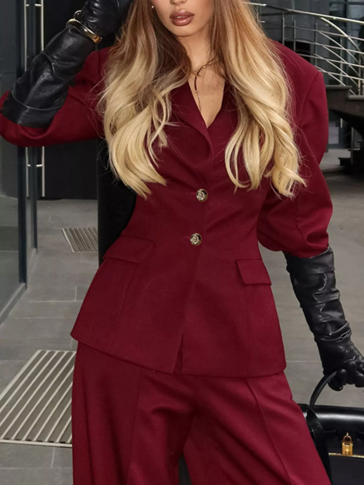 Single-Breasted Blazer and Wide-Leg Pants Set - Burgundy - View 5