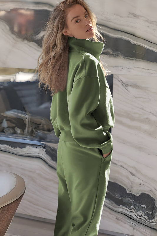 Vineyard Green Half Zip up Pullover Active Top and Joggers Set - Vineyard Green - 2