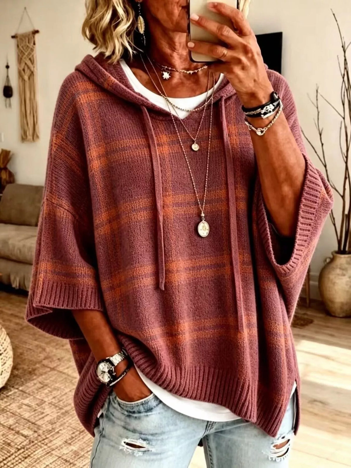 Full Size Drawstring Plaid Hooded Sweater Plus Size - Red - View 1