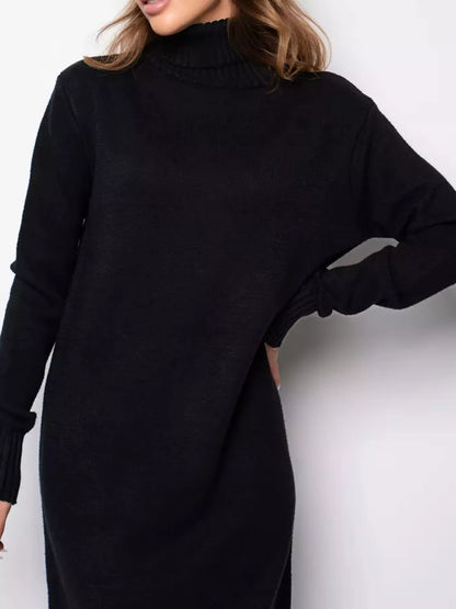 Turtleneck Ribbed Knit Sweater Dress - Black - View 3