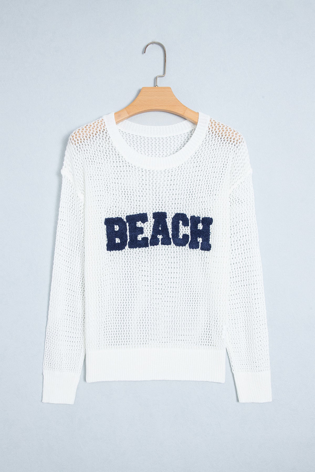 White Chenille BEACH Lettering Hollow Out Knit Casual Sweater