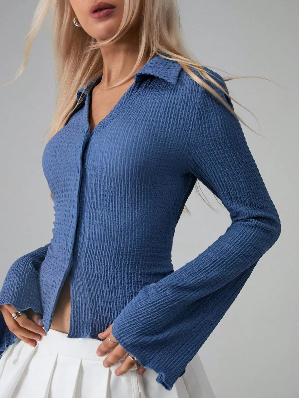 Button Up Flare Sleeve Shirt - Royal Blue - View 9