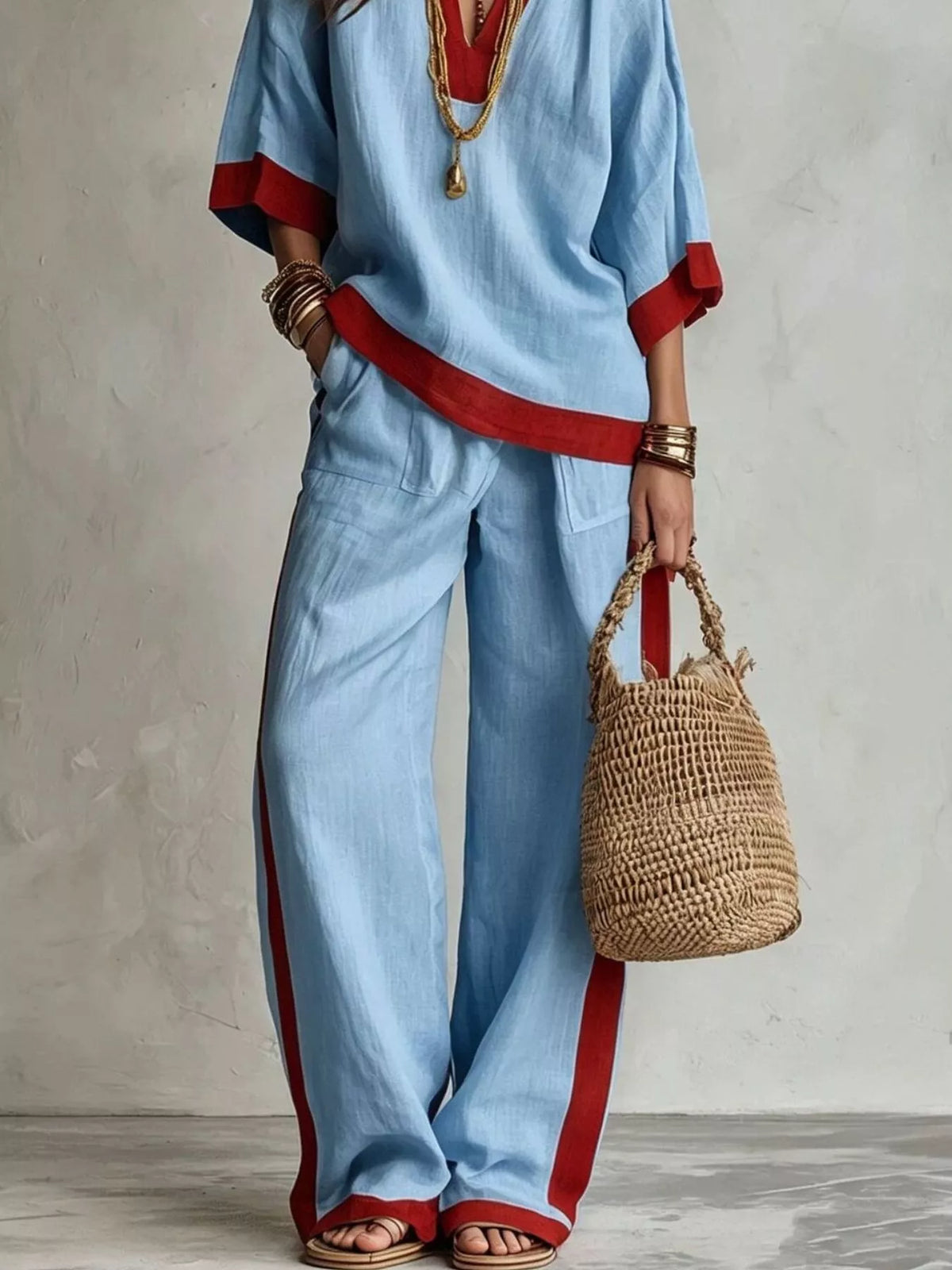 Full Size Contrast Trim Top and Wide Leg Pants Set Plus Size - Light Blue - View 3