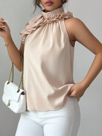 Ruffle High Neck Sleeveless Top - Apricot - View 3