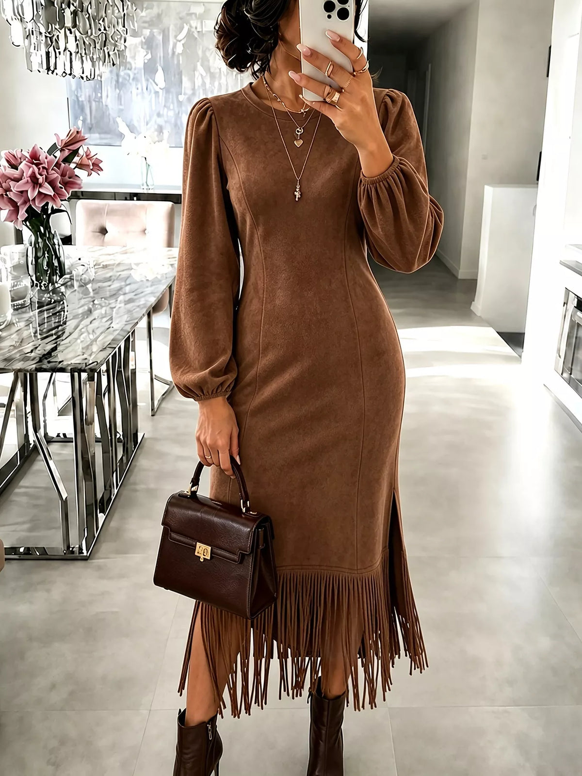 Fringe Balloon Sleeve Midi Dress - Coffee Brown - View 4