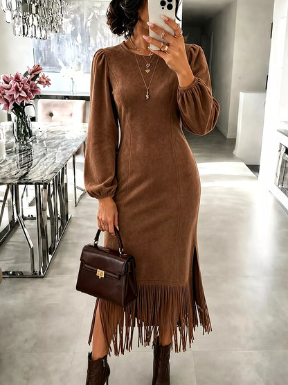 Fringe Balloon Sleeve Midi Dress - Coffee Brown - View 4
