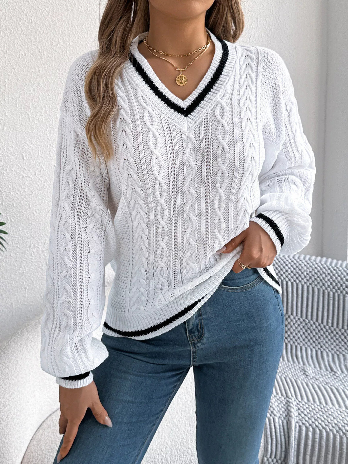V-Neck Cable Knit Sweater with Striped Trim - White - View 5