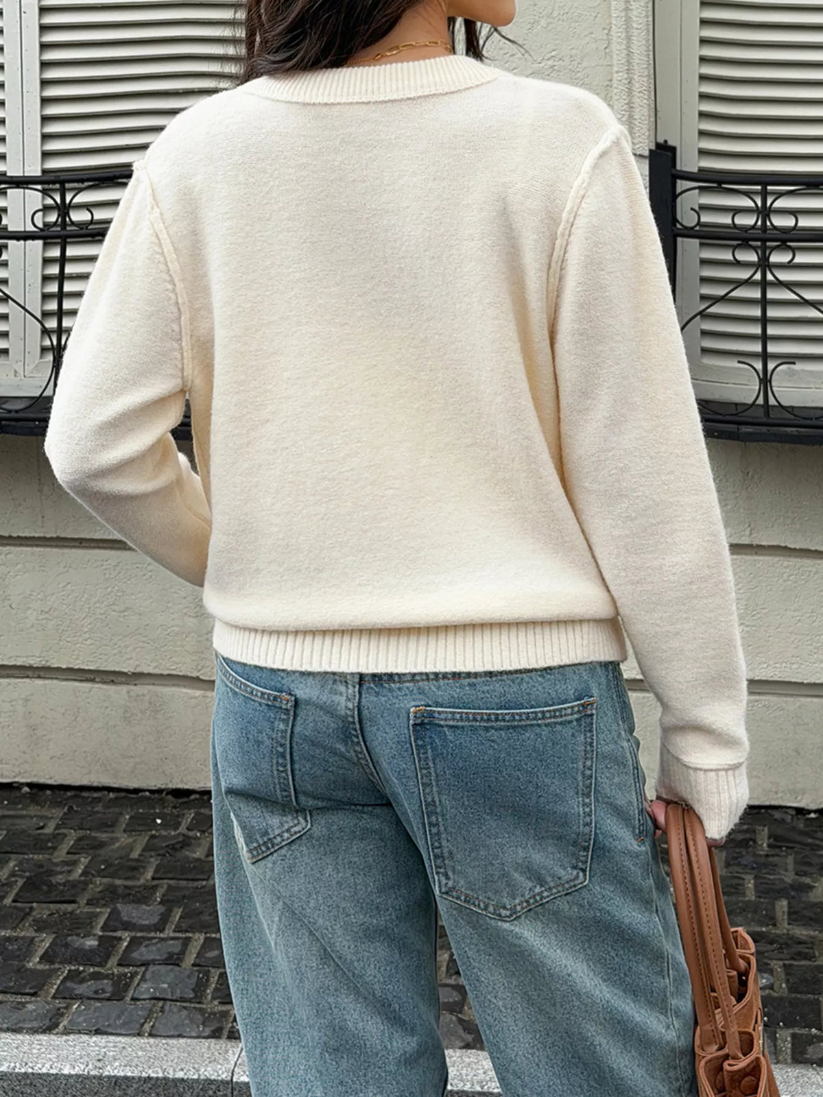 Button-Down Knit Cardigan - Beige - View 5