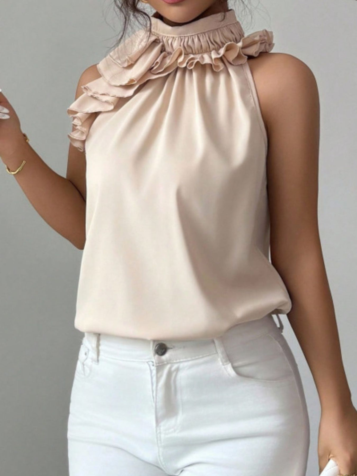 Ruffle High Neck Sleeveless Top - Apricot - View 2