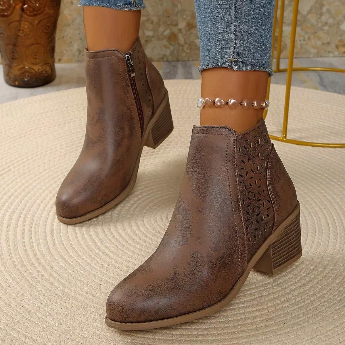 Point Toe Block Heels Boots - Brown - View 8