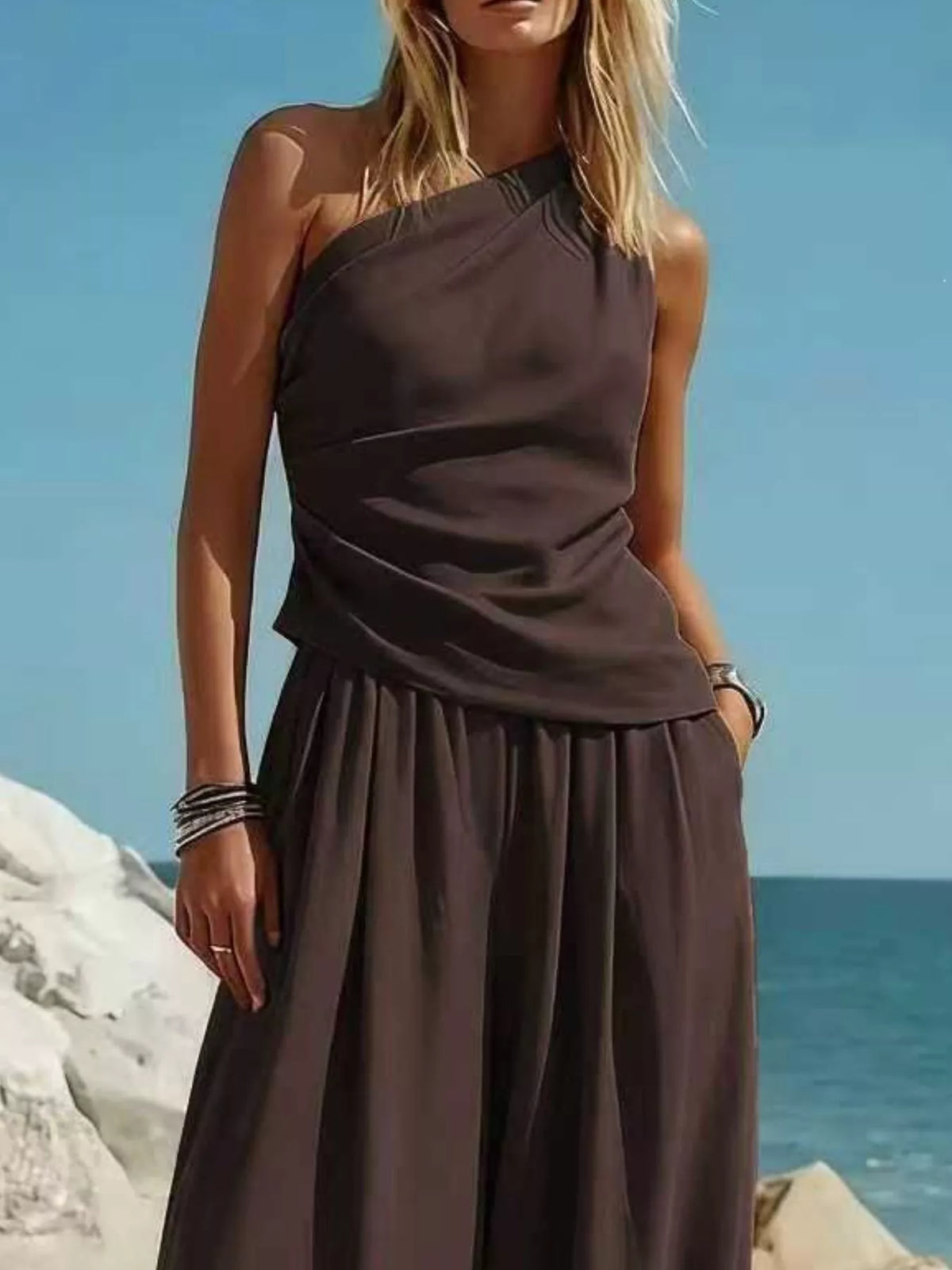 Full Size One-Shoulder Sleeveless Top and Harem Pants Set Plus Size - Brown - View 2