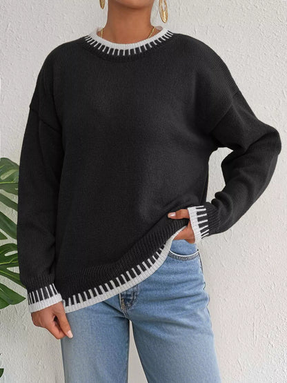 Contrast Trim Crew Neck Drop Shoulder Sweater - Black - View 5