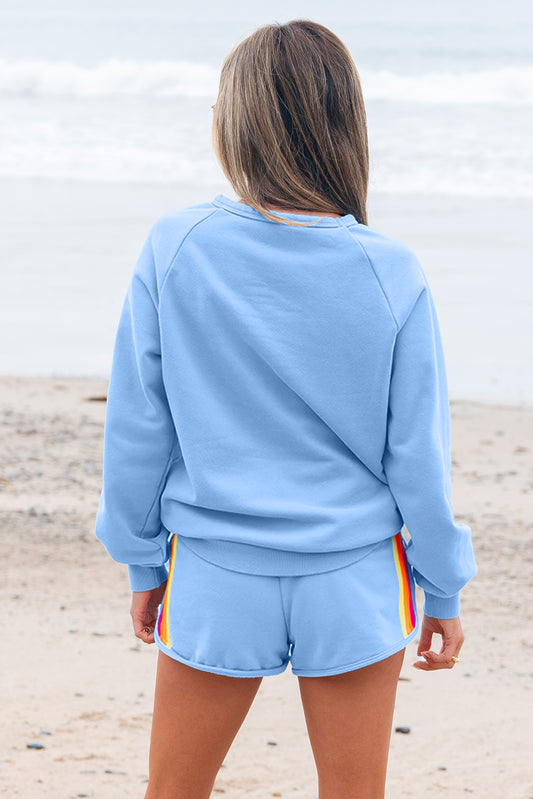 Beau Blue Accent Pullover and Shorts Two Piece Casual Set - Beau Blue - 2