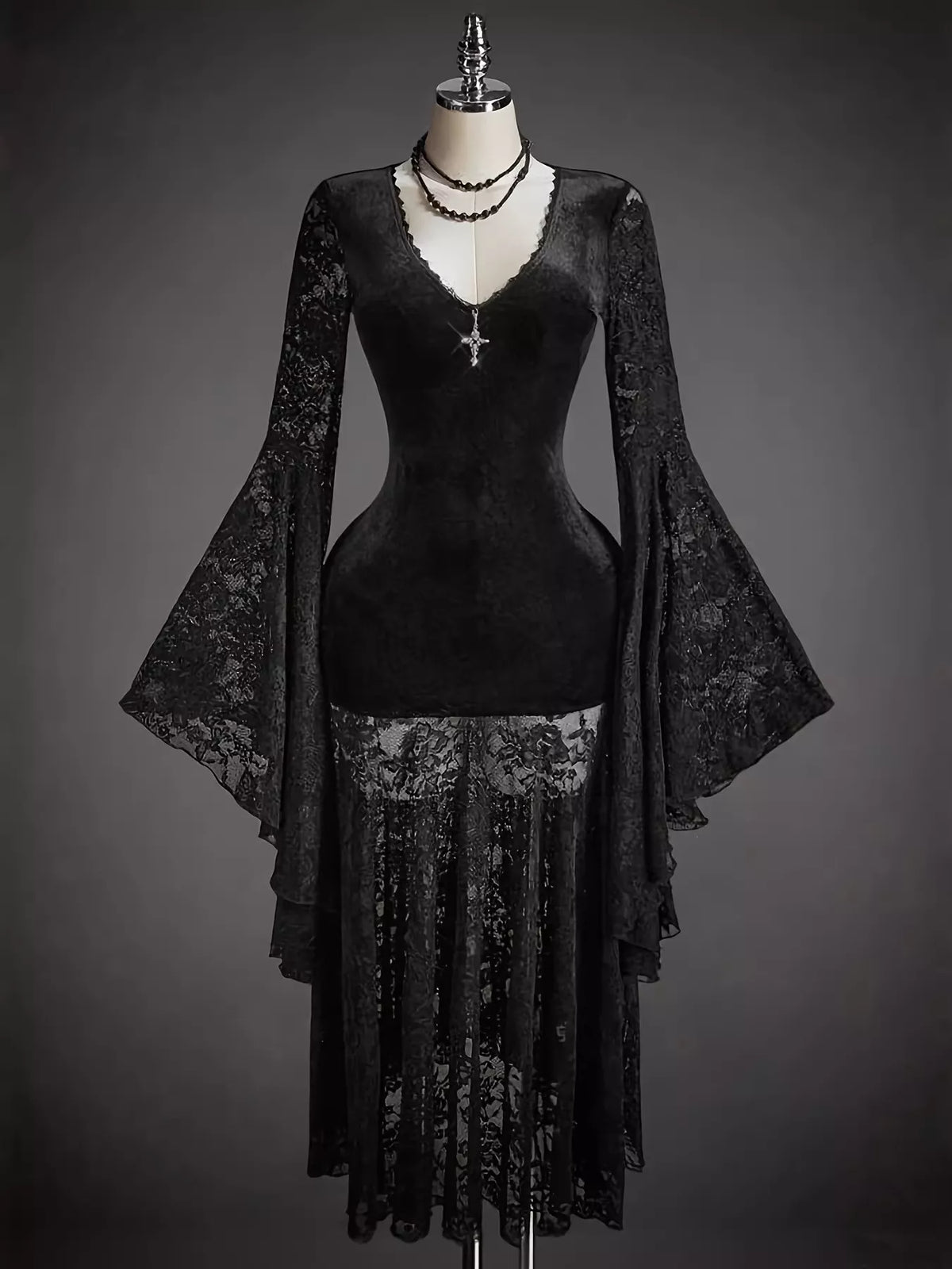 Lace V-Neck Flare Sleeve Dress - Black - View 1