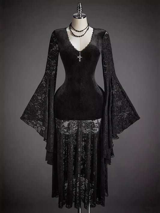 Lace V-Neck Flare Sleeve Dress - Black - View 1