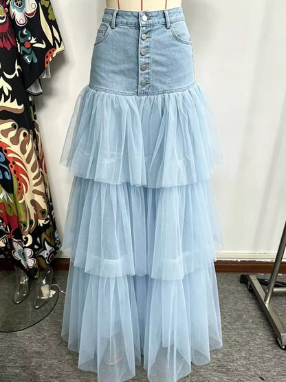 High-Waisted Button-Front Denim and Tulle Maxi Skirt - Light Blue - View 2