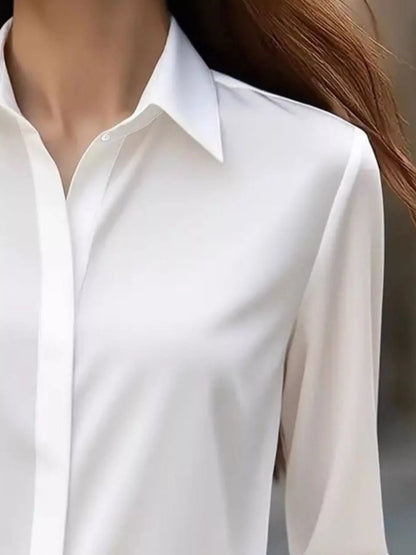 Button Down Collared Neck Long Sleeve Shirt - White - View 3