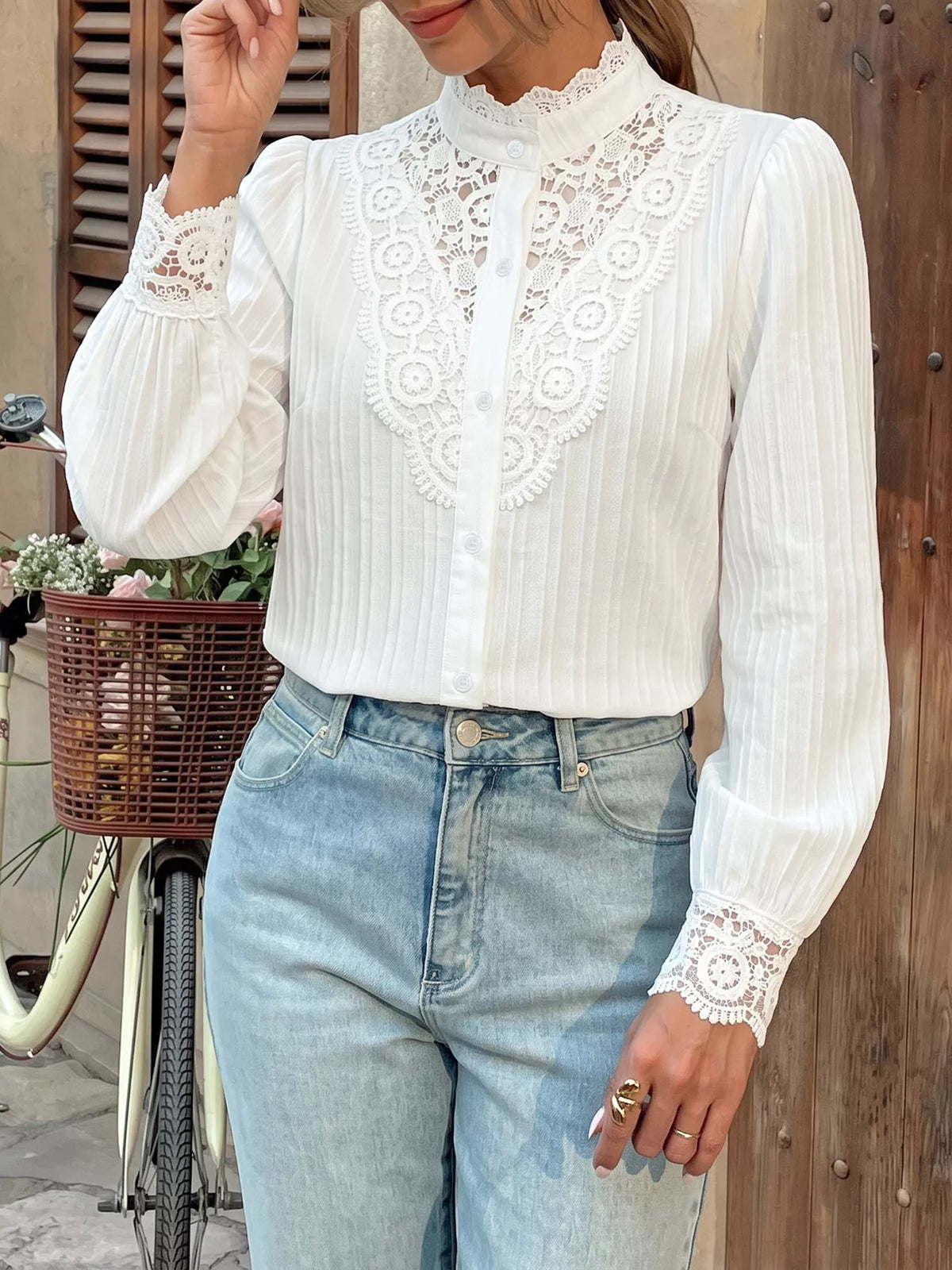 Lace Detail Long Sleeve Shirt - White - View 2