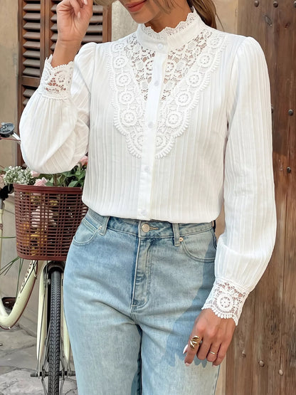 Lace Detail Long Sleeve Shirt - White - View 2