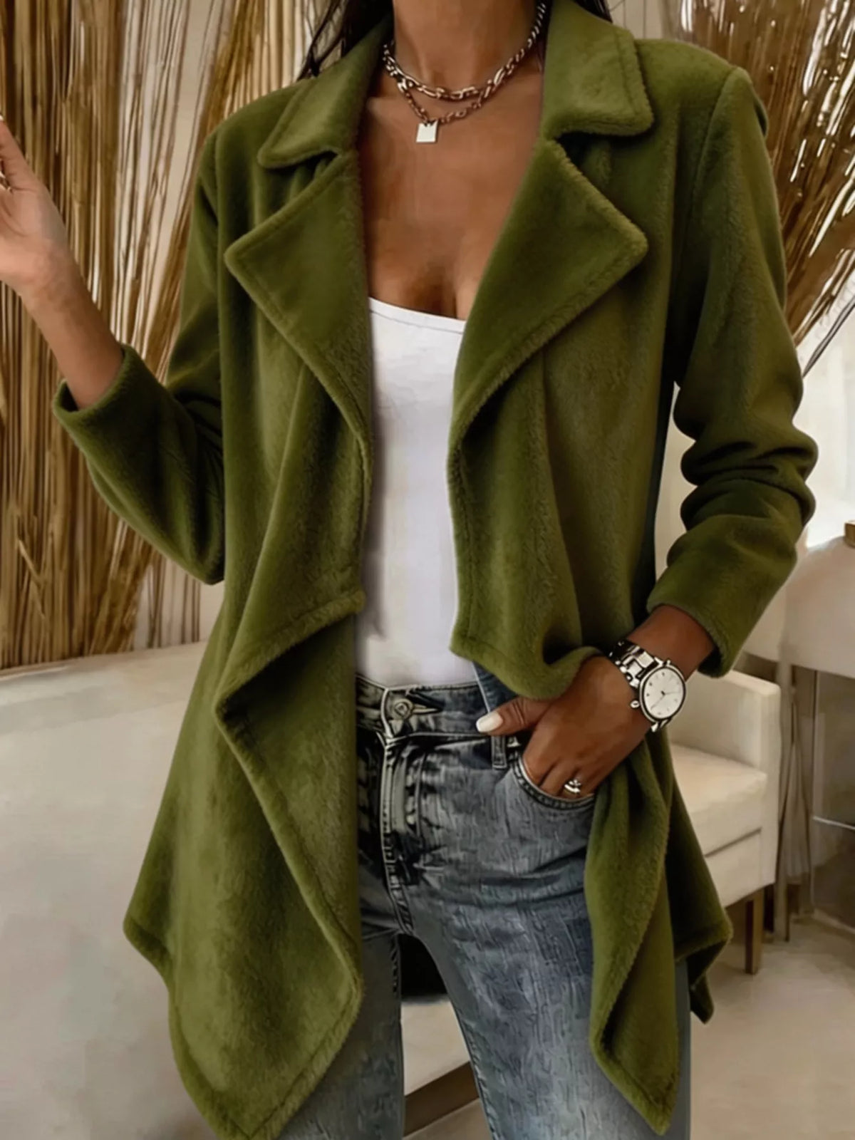 Full Size Fleece Waterfall Collar Outerwear Plus Size - Green - View 3
