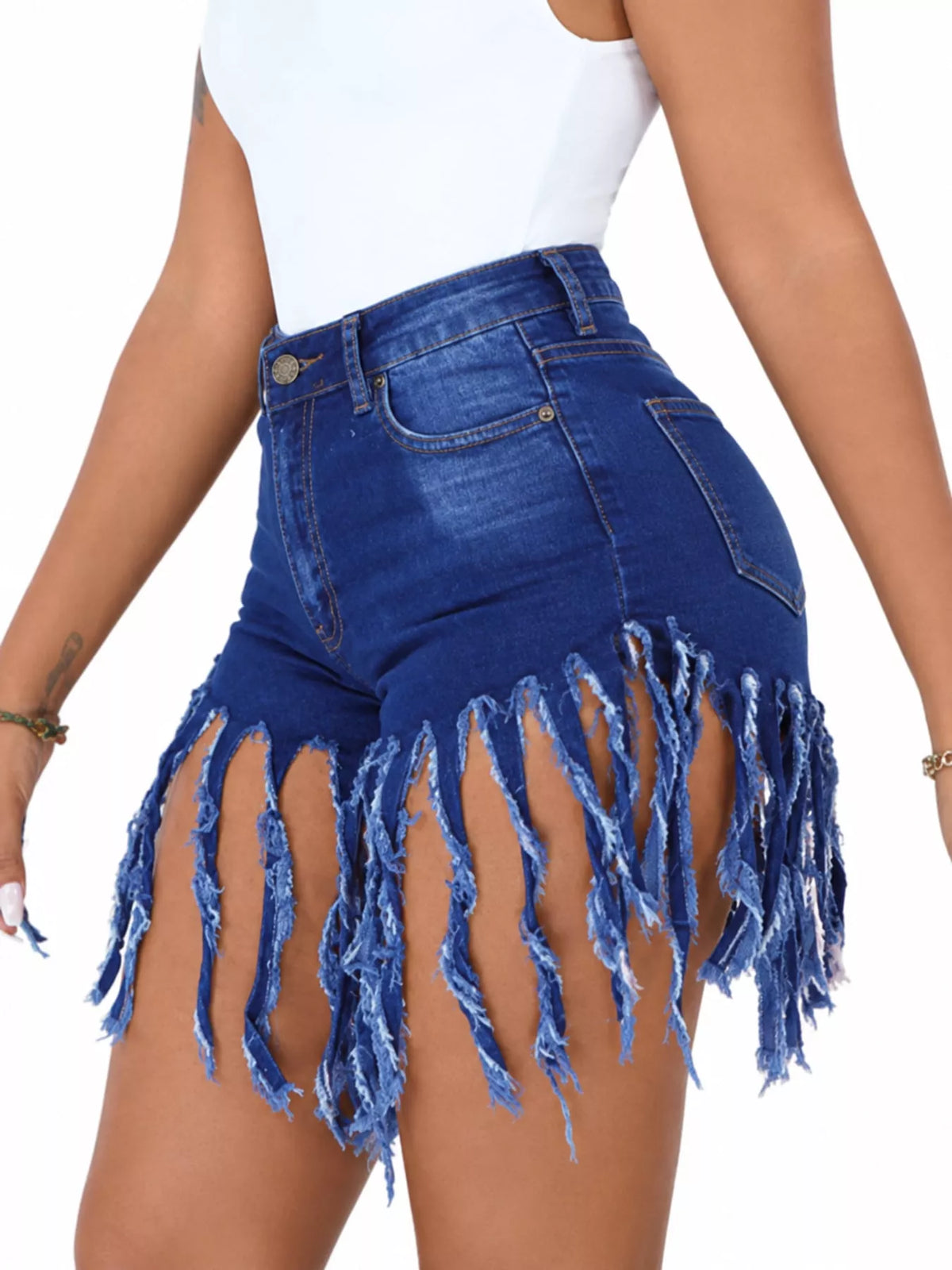 Fringed Hem Denim Shorts - Dark Blue - View 2