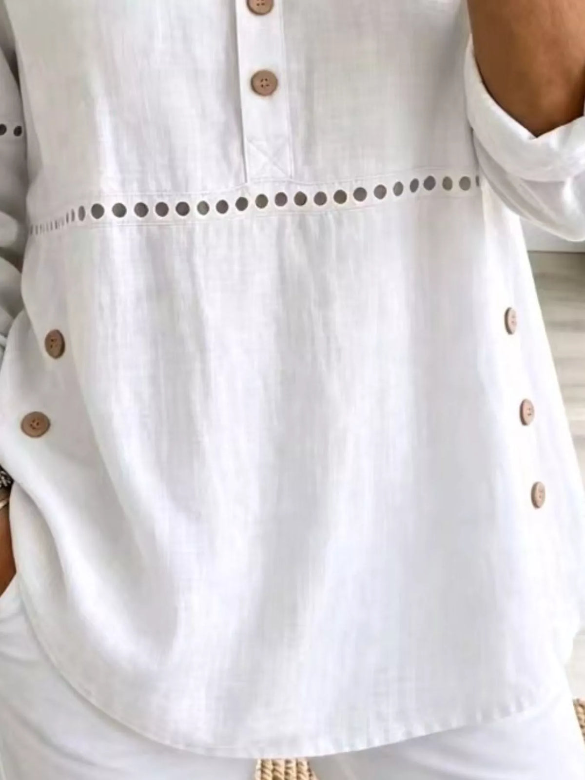 Full Size Button Detail Eyelet Long Sleeve Blouse Plus Size - White - View 3