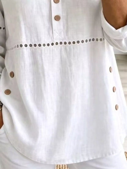 Full Size Button Detail Eyelet Long Sleeve Blouse Plus Size - White - View 3