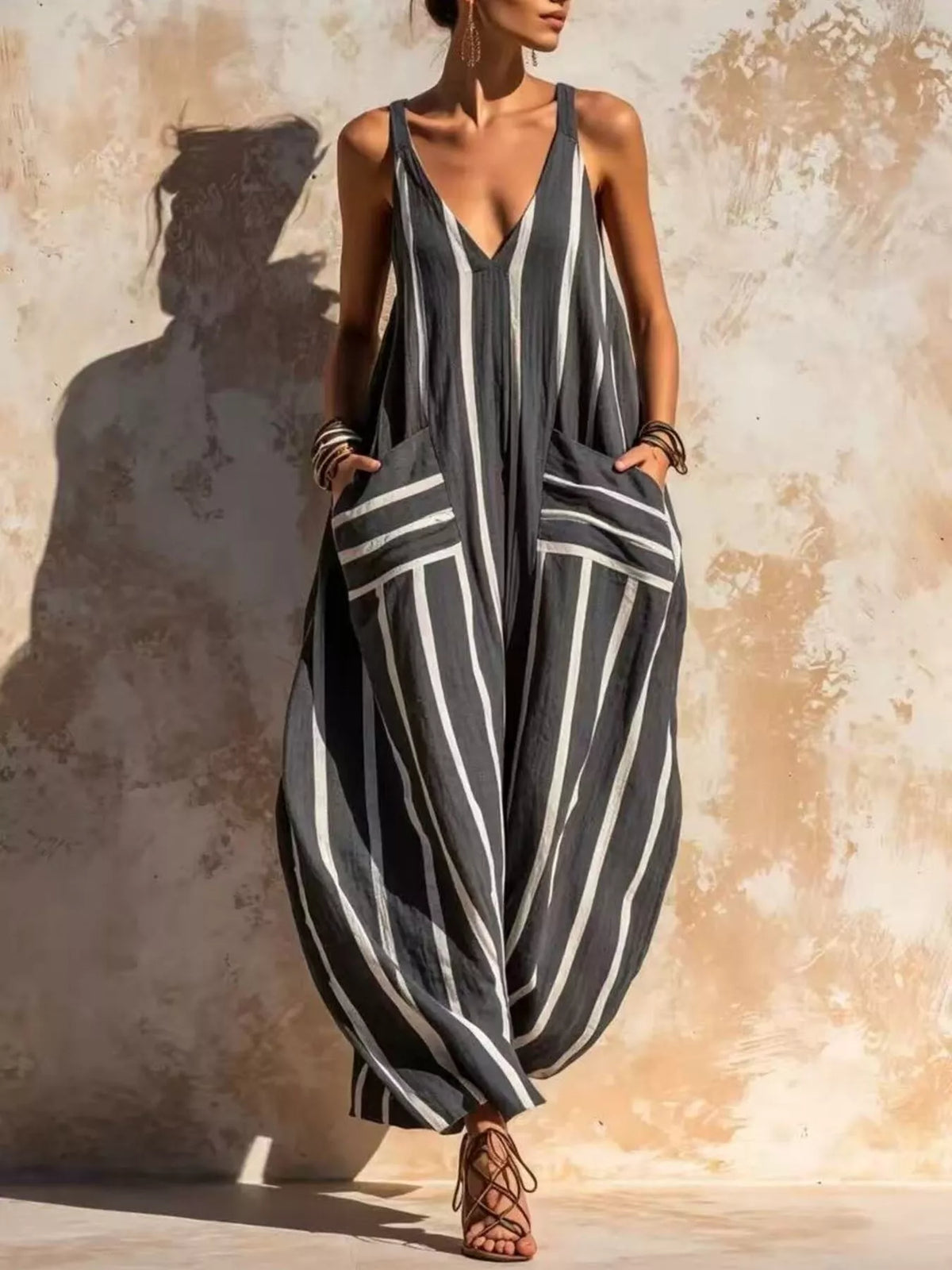 Striped V-Neck Sleeveless Wide-Leg Jumpsuit - Dark Gray - View 1