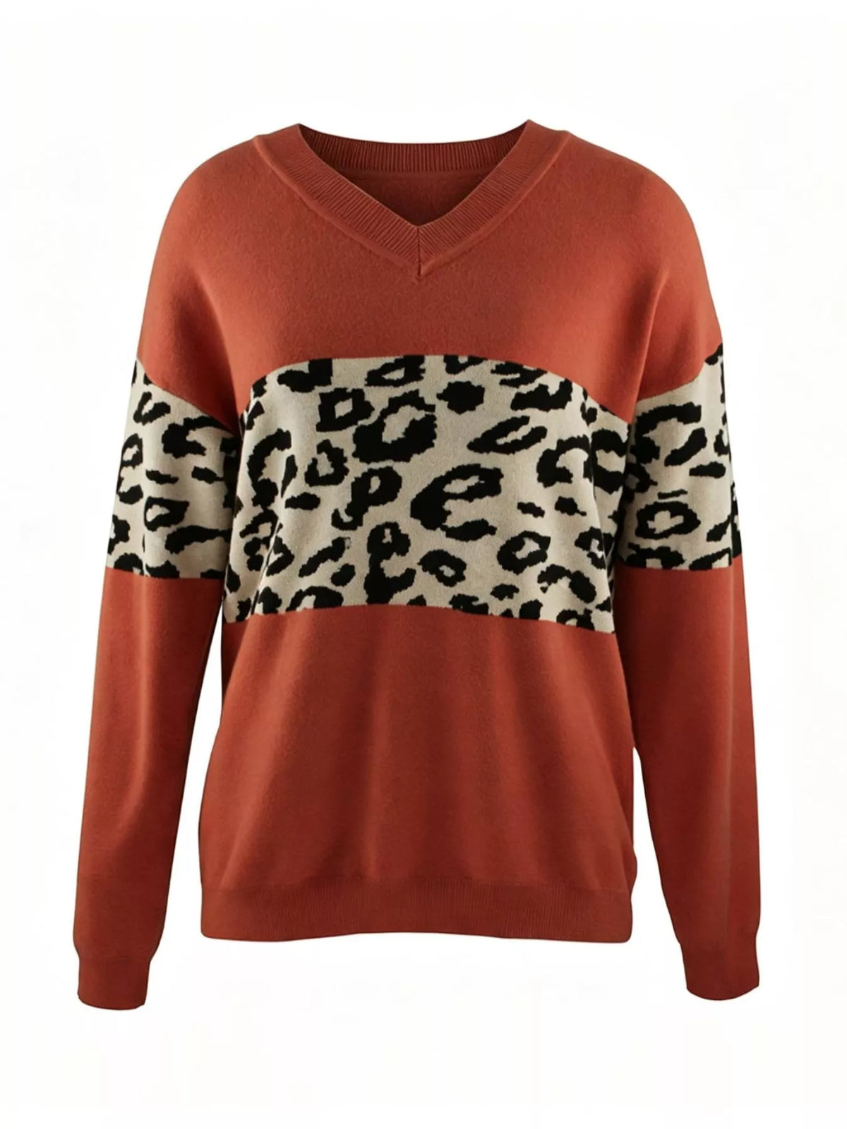 Leopard V-Neck Dropped Shoulder Sweater - Red - View 1