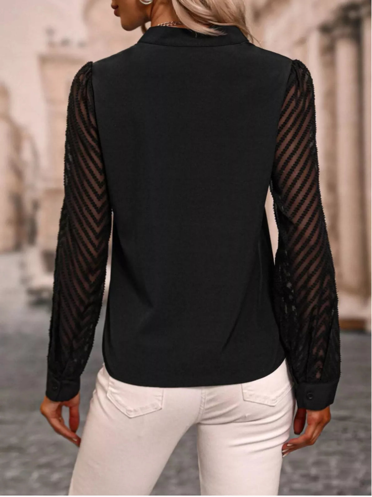 Notched Long Sleeve Blouse - Black - View 6