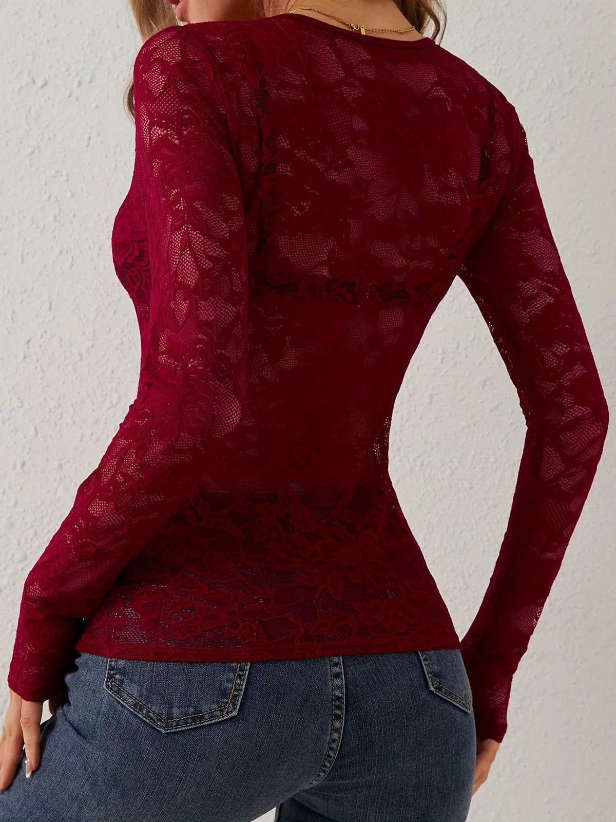 Lace V-Neck Long Sleeve Top - Burgundy - View 13