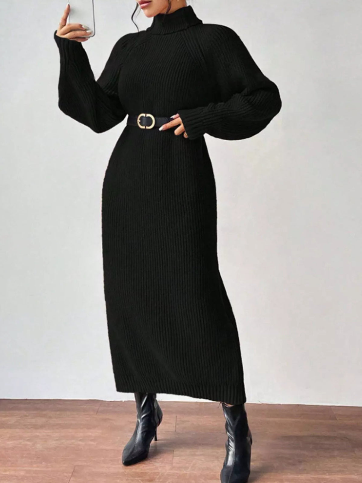 Turtleneck Ribbed Knit Midi Sweater Dress - Black - View 1
