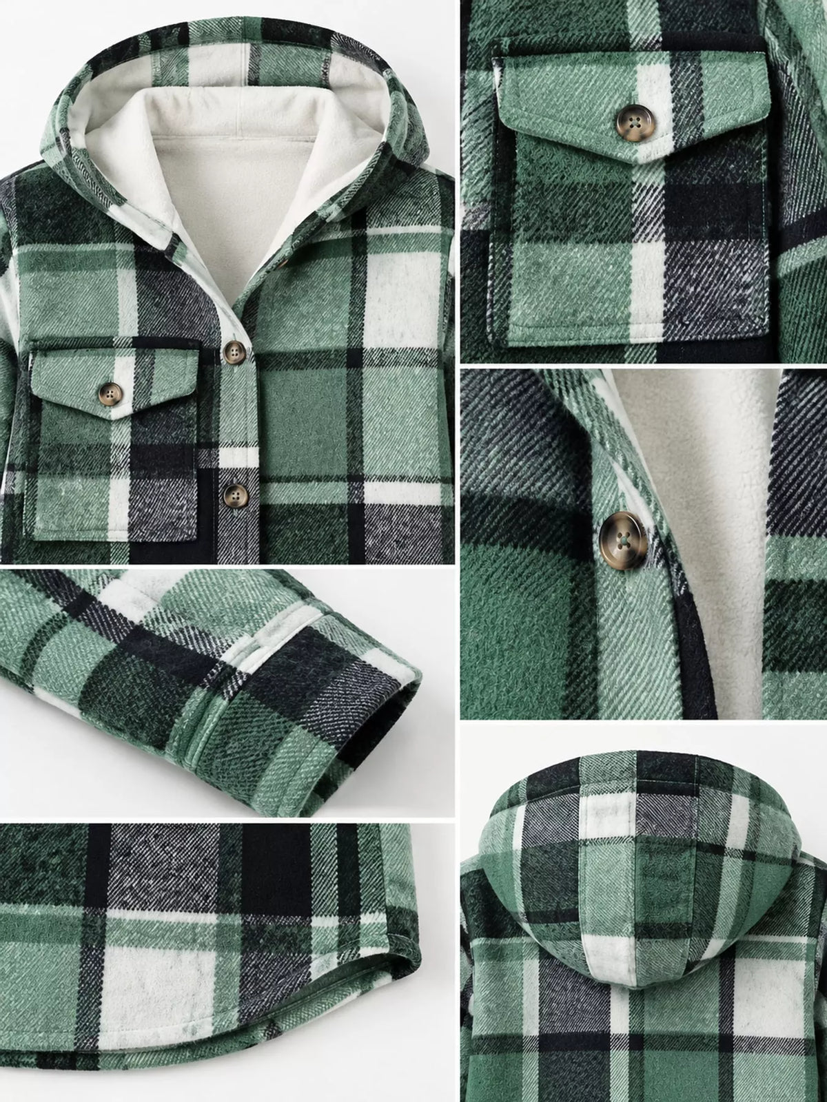 Fleece-Lined Plaid Button Up Shacket - Green - View 5