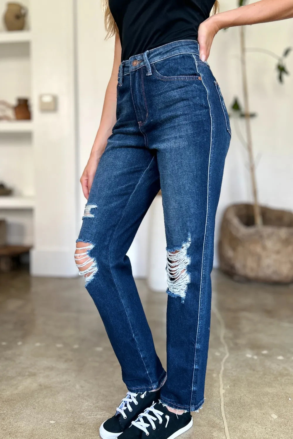 Judy Blue Full Size High Waist Rigid Magic Heavy Destroy Straight Jeans - Dark - View 12