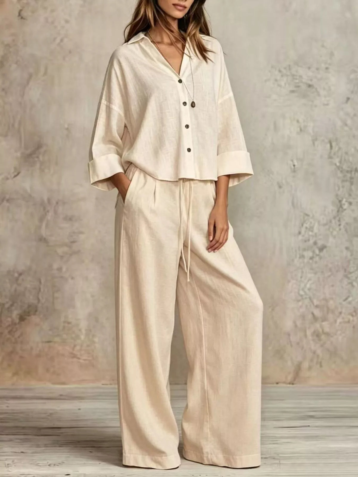 Full Size Button-Down Shirt and Wide-Leg Pants Set Plus Size - Beige - View 1