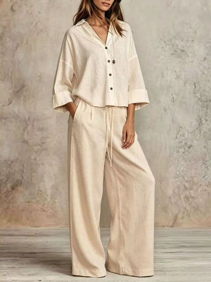 Full Size Button-Down Shirt and Wide-Leg Pants Set Plus Size - Beige - View 1