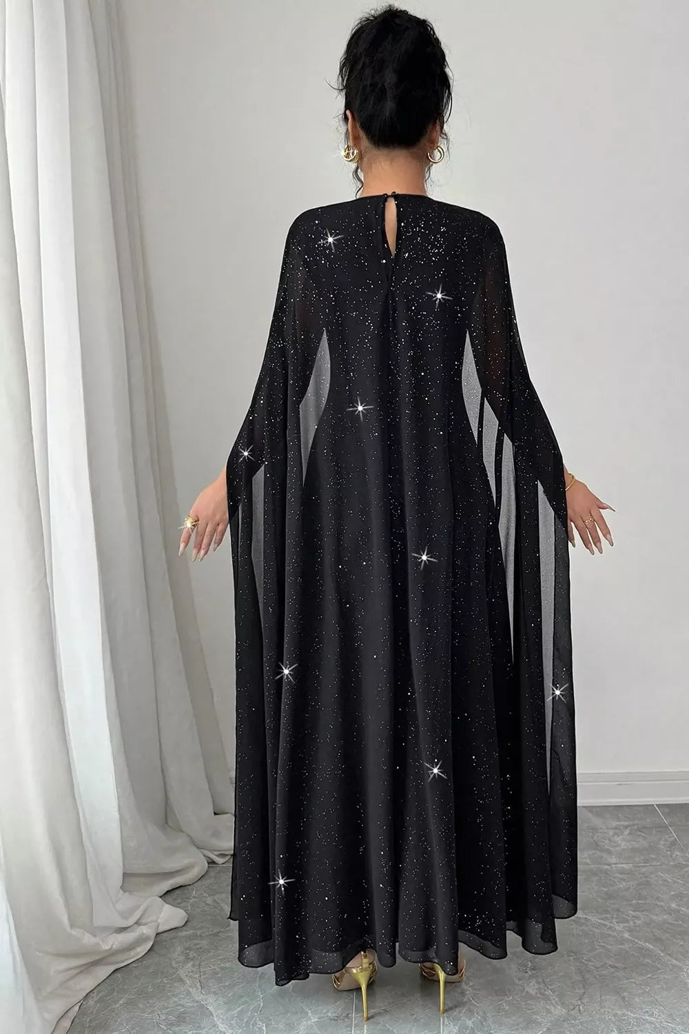 Glitter Cape-Sleeve Maxi Dress - Black - View 2