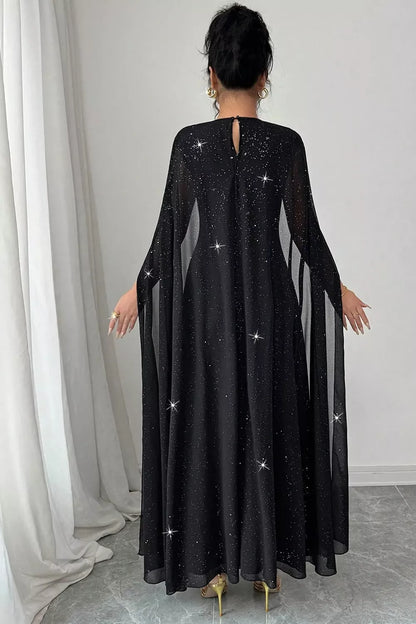 Glitter Cape-Sleeve Maxi Dress - Black - View 2