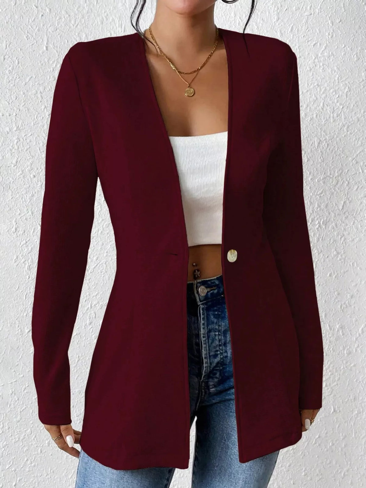One Button Long Sleeve Blazer - Burgundy - View 21
