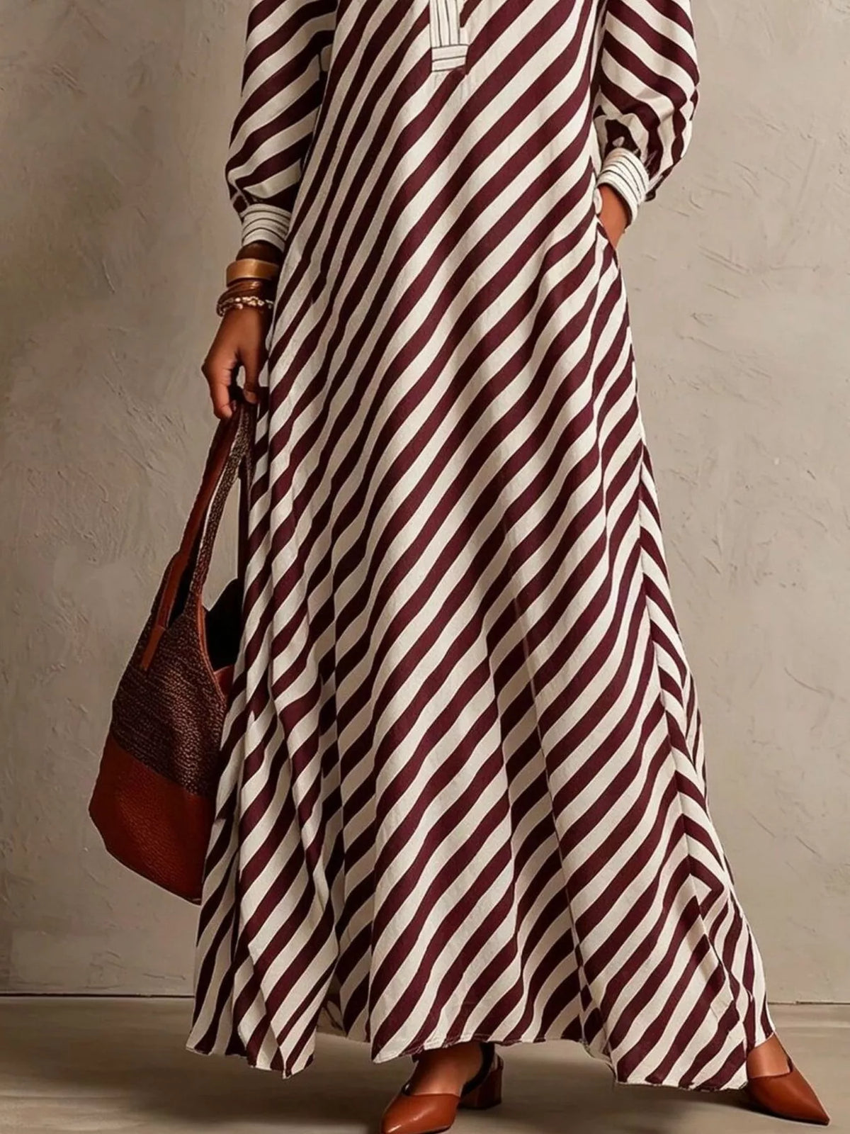 Striped Long Sleeves Maxi Dress - Burgundy - View 1