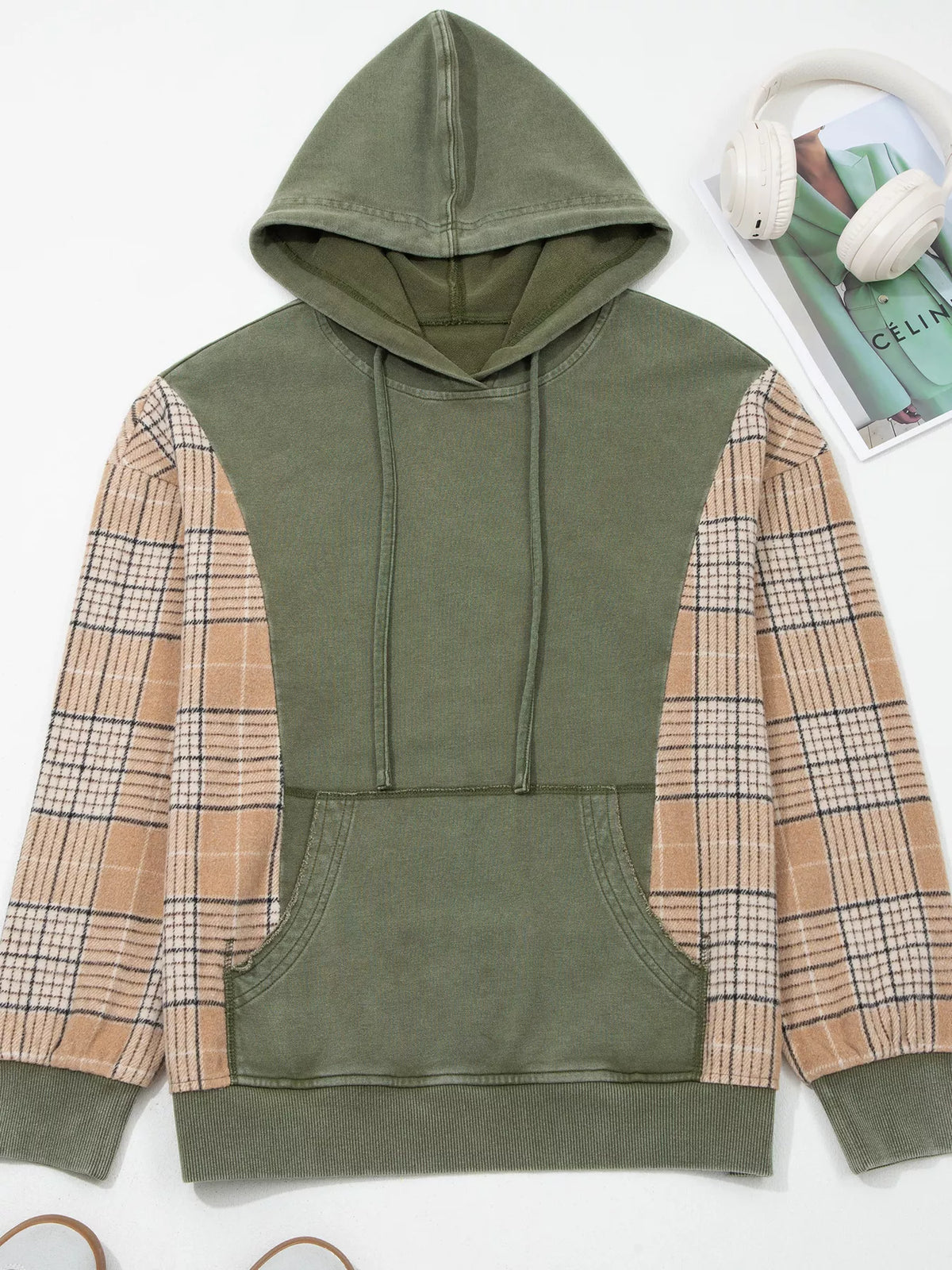 Plaid Sleeve Drawstring Pocket Hoodie - Sage - View 10