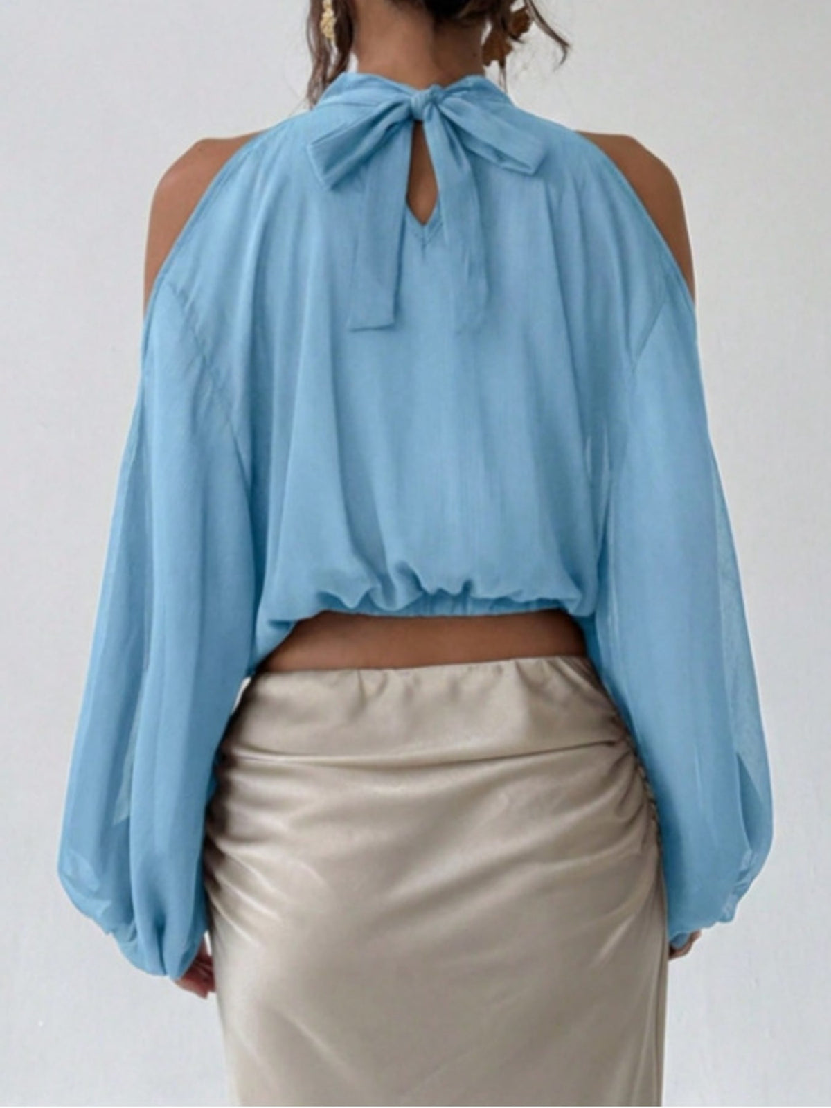 Cold-Shoulder Long Sleeve Blouse - Light Blue - View 4