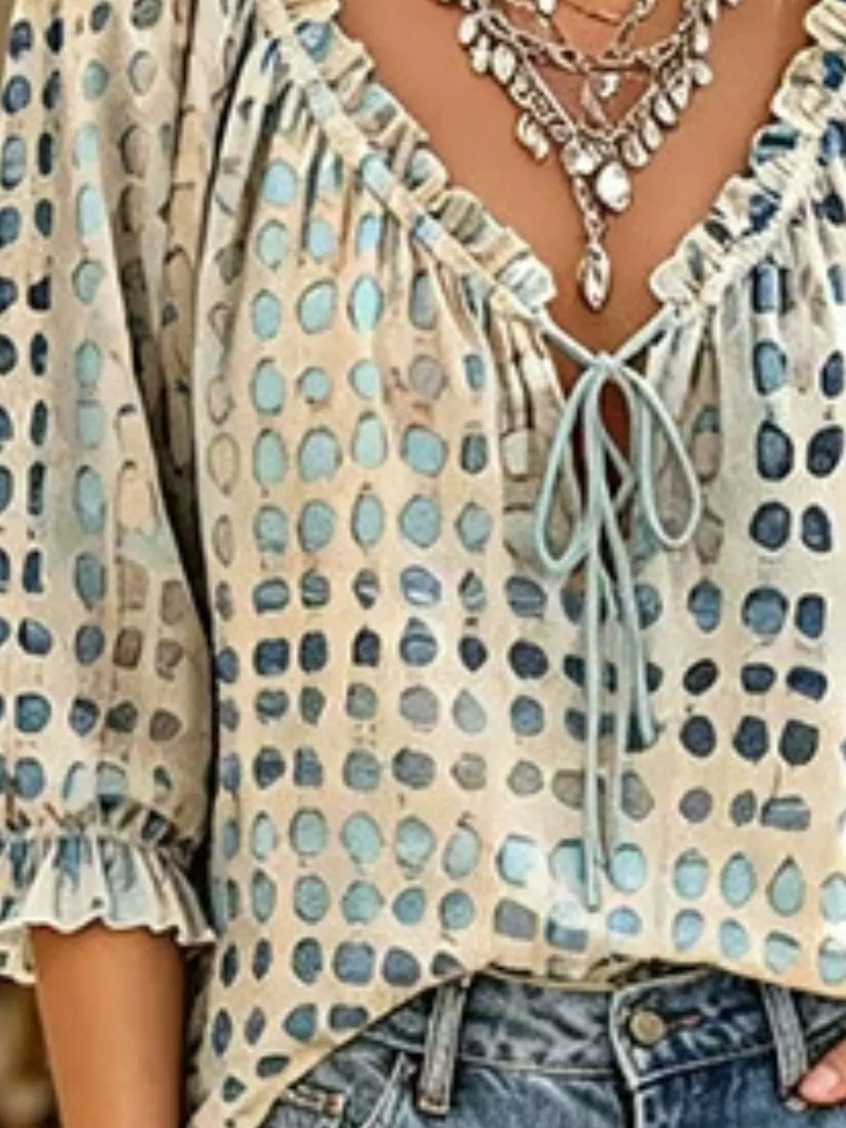 Full Size Tie Neck 3/4 Sleeve Blouse Plus Size - Beige - View 4