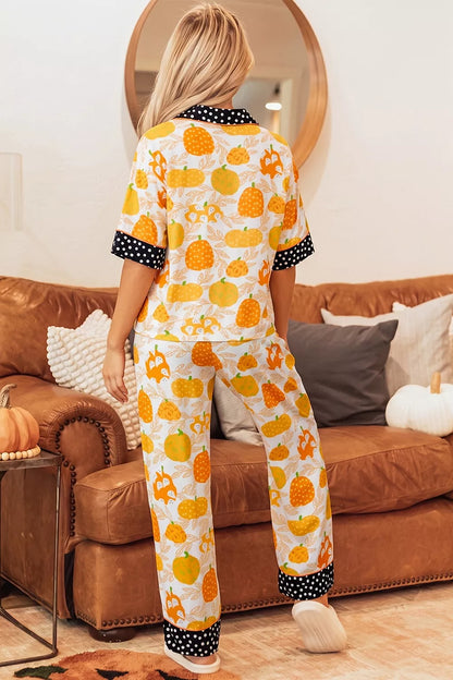 Short Sleeve Pumpkin Print Polka Dot Trim Pocket Placket Lounge Set - Sherbet - View 2