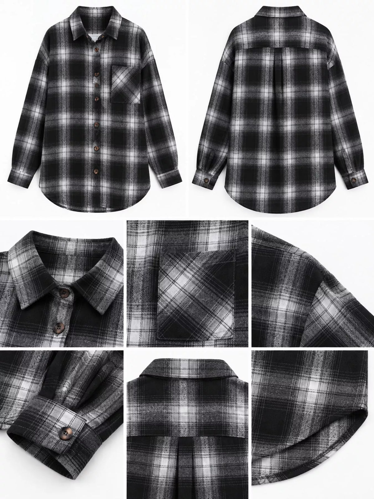 Plaid Button-Down Oversized Shirt - Black - View 8