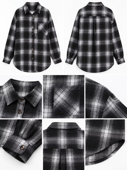 Plaid Button-Down Oversized Shirt - Black - View 8